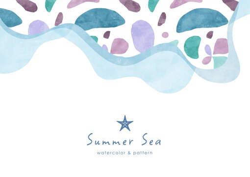 夏の海と波の背景フレーム 癒やし系のシンプル水彩イラスト