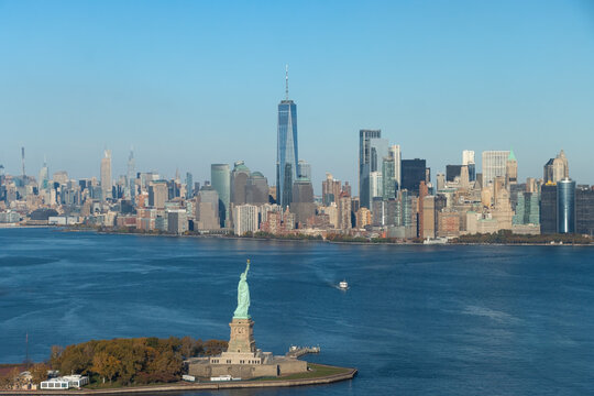 aerial panoramic view of skyline New York and statue of liberty