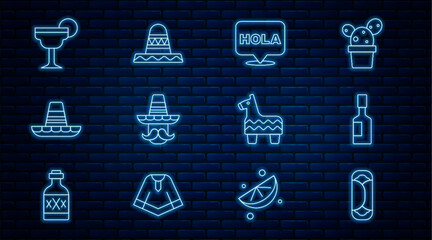 Set line Burrito, Tabasco sauce, Hola, Mexican man sombrero, Margarita cocktail, Pinata and icon. Vector © vector_v