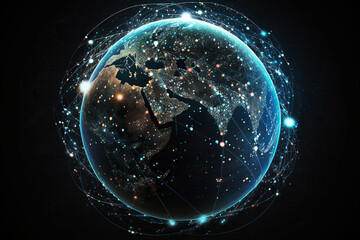 Ai generated illustration of Satellite system of spaceships around illumination  Earth