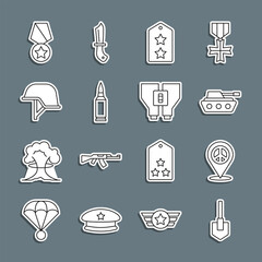 Set line Shovel, Location peace, Military tank, rank, Bullet, helmet, reward medal and Binoculars icon. Vector