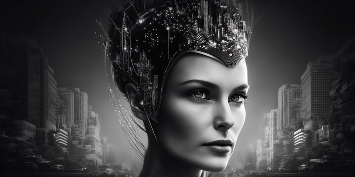 Ai generated illustration of  artificial intelligence cyborg woman in a futuristic cyberpunk neon city