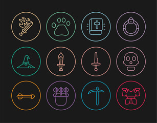 Set line Body armor, Skull, Holy bible book, Sword for game, Witch hat, Dagger and Bear paw footprint icon. Vector