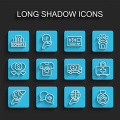 Set line Hand holding Earth globe, Dialogue with doctor, Donation charity, Heart animals footprint, Animal volunteer, First aid kit and Humanitarian truck icon. Vector