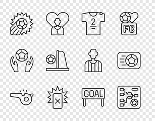 Set line Whistle, Championship tournament bracket, Football jersey and t-shirt, Red card football, Soccer, goal with, Goal soccer and icon. Vector