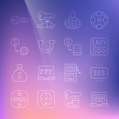 Set line Online poker table game, Money prize casino, Winner holding ticket, Horseshoe, Casino chips exchange, Old key and icon. Vector