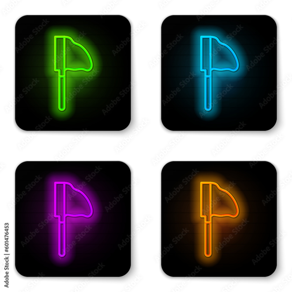 Poster glowing neon line fishing net with fish icon isolated on white background. black square button. vect