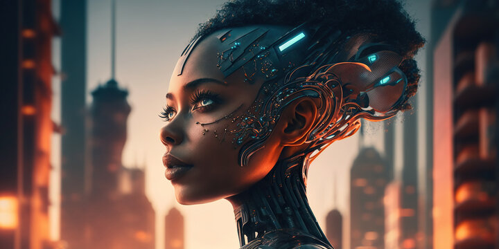 Ai generated illustration of  artificial intelligence cyborg woman in a futuristic cyberpunk neon city