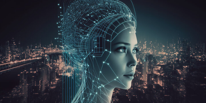 Ai generated illustration of  artificial intelligence cyborg woman in a futuristic cyberpunk neon city