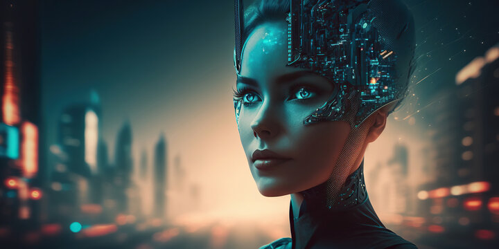Ai generated illustration of  artificial intelligence cyborg woman in a futuristic cyberpunk neon city