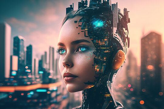 Ai generated illustration of  artificial intelligence cyborg woman in a futuristic cyberpunk neon city
