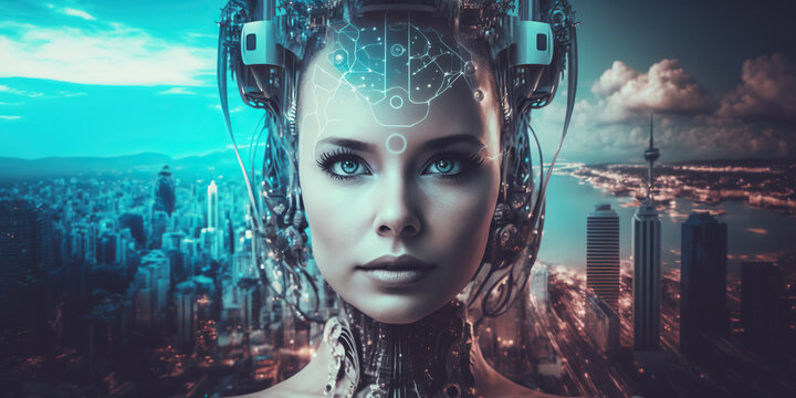 Ai generated illustration of  artificial intelligence cyborg woman in a futuristic cyberpunk neon city