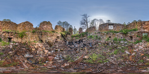 full seamless spherical hdri panorama 360 degrees angle view inside stone abandoned ruined farm...