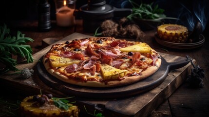 Obraz na płótnie Canvas Juicy delicious pizza with pineapple with melted cheese, not healthy but tasty food, generative ai