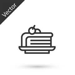 Grey line Piece of cake icon isolated on white background. Happy Birthday. Vector