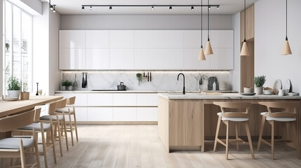 Fototapeta na wymiar White modern kitchen interior, Scandinavian style, 3d render, Bright color. Generative Ai