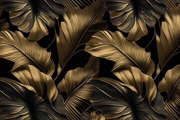 Tropical exotic seamless pattern. Grunge golden banana leaves, palm. Hand-drawn dark vintage 3D illustration. Nature abstract background design. Good for luxury wallpapers, cloth, Generative AI
