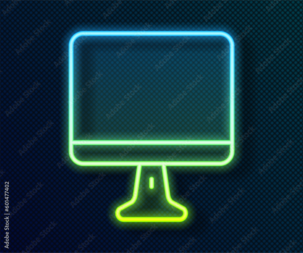 Poster glowing neon line computer monitor screen icon isolated on black background. electronic device. fron