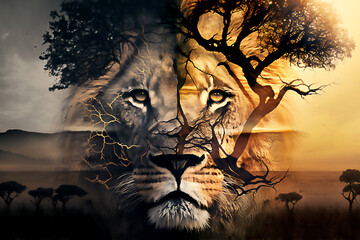Lion and savannah. The concept of protecting wildlife and planet. Generated AI