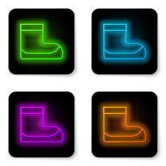 Glowing neon line Boots icon isolated on white background. Diving underwater equipment. Black square button. Vector