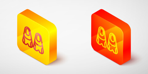 Isometric line Rubber flippers for swimming icon isolated on grey background. Diving equipment. Extreme sport. Diving underwater equipment. Yellow and orange square button. Vector