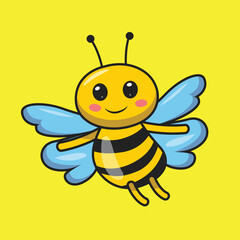 Happy flying Bee cartoon illustration. Cute bee flat style vector art. Bee sticker for T shirt, Icon, web, element. Adorable wildlife smiling bee mascot logo.