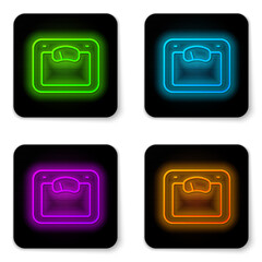 Glowing neon line Bathroom scales icon isolated on white background. Weight measure Equipment. Weight Scale fitness sport concept. Black square button. Vector