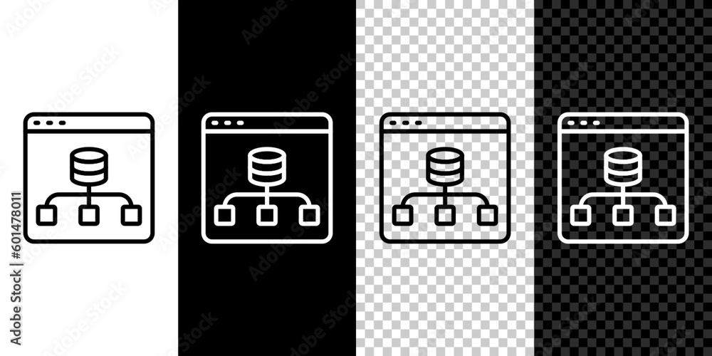 Poster set line server, data, web hosting icon isolated on black and white, transparent background. vector