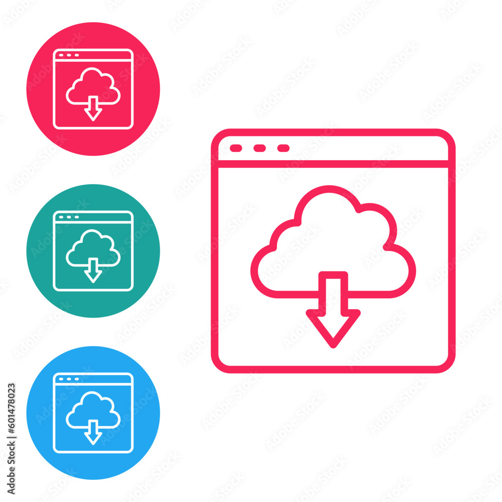 Poster red line cloud download icon isolated on white background. set icons in circle buttons. vector