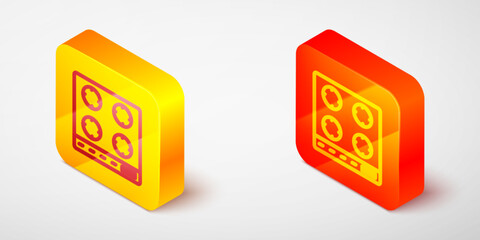 Isometric line Gas stove icon isolated on grey background. Cooktop sign. Hob with four circle burners. Yellow and orange square button. Vector