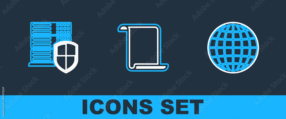 Poster set line earth globe, smartphone with shield and paper scroll icon. vector