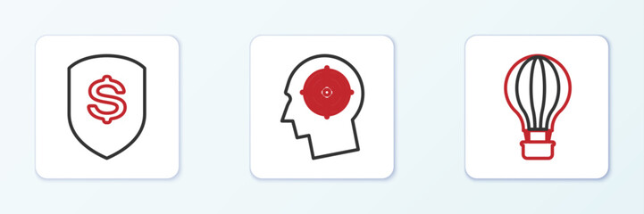Set line Hot air balloon, Shield and dollar and Head hunting concept icon. Vector