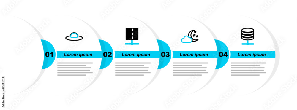 Poster set line server, data, web hosting, cloud with moon and stars, and ufo flying spaceship icon. vector