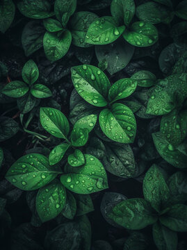 A closeup photo of lush, green leaves. A fresh spectacle of nature, their surfaces wet from recent rain. Bright foliage in summer garden. The environment's organic beauty and health. Generative AI.
