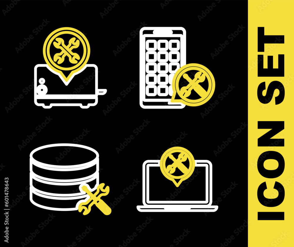 Poster set line mobile apps service, laptop, database server and toaster icon. vector