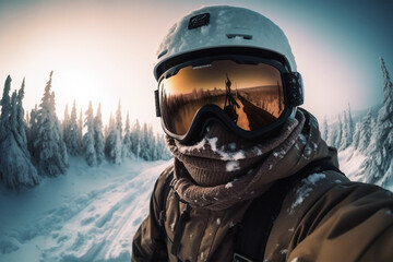 A snowboarder taking a selfie photo at sunset.Snowy mountain background.Front view.Created with generative ai - obrazy, fototapety, plakaty