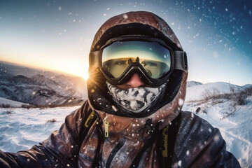 A snowboarder taking a selfie photo at sunset.Snowy mountain background.Front view.Created with generative ai