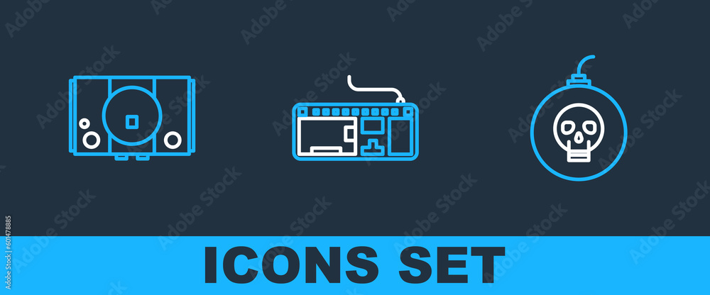Poster set line bomb ready to explode, video game console and computer keyboard icon. vector
