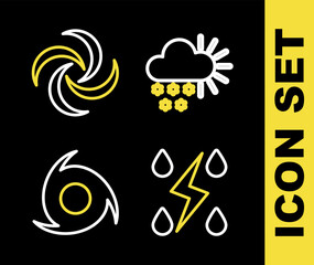 Set line Cloudy with snow, Storm, Tornado and icon. Vector