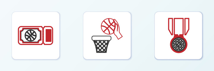 Set line Basketball medal, game ticket and and basket icon. Vector