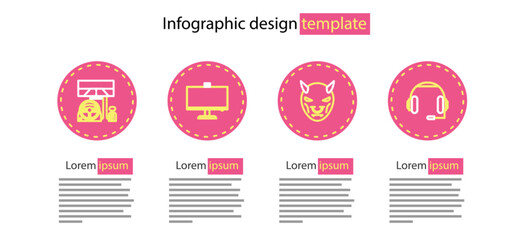 Set line Mask of the devil with horns, Headphones, Computer monitor and Racing simulator cockpit icon. Vector