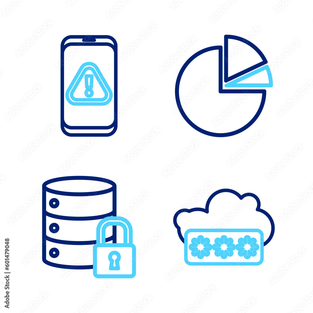Poster set line password protection, server security with lock, pie chart infographic and mobile exclamatio