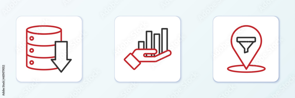Poster set line location with sales funnel, server, data, web hosting and pie chart infographic icon. vecto