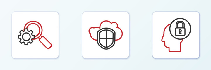 Set line Human head with lock, Magnifying glass and gear and Cloud shield icon. Vector