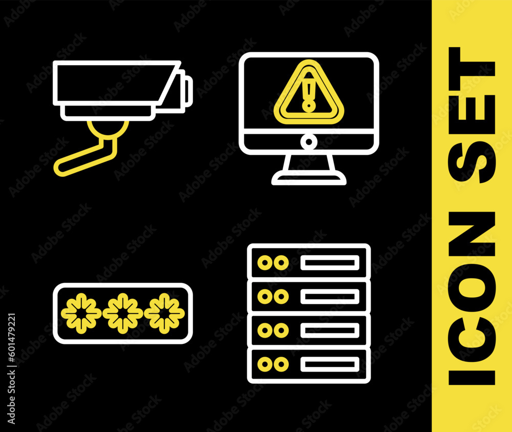 Poster set line monitor with exclamation mark, server, data, web hosting, password protection and security 