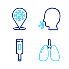 Set line Lungs, Medical thermometer, Man coughing and Corona virus 2019-nCoV on location icon. Vector