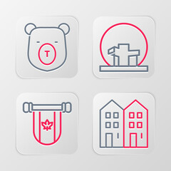 Set line House, Pennant Canada, Montreal Biosphere and Bear head icon. Vector