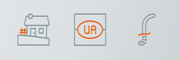Set line Medieval sword, Ukrainian house and Flag of Ukraine icon. Vector