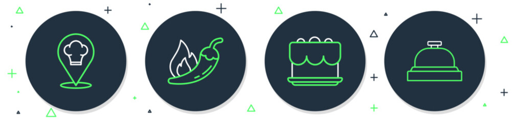 Set line Hot chili pepper pod, Cake, Chef hat with location and Hotel service bell icon. Vector
