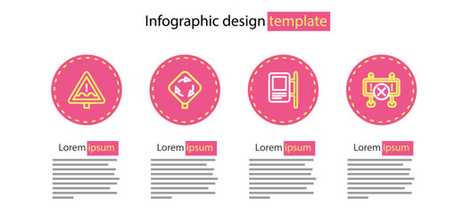 Set line Road traffic sign, barrier, Roundabout and Uneven road ahead icon. Vector